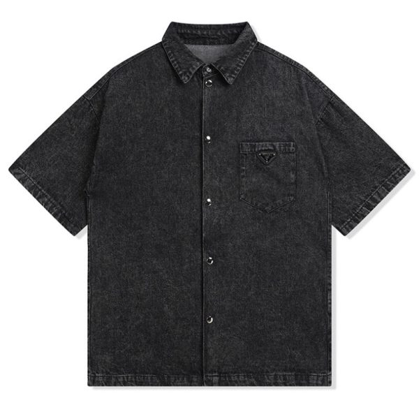 15219.jpg Shirt Prada Black Denim Button-Up Logo PD041 - Image 1