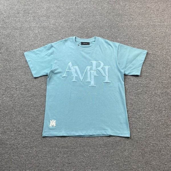 Amiri Staggered Logo Blue T-Shirt - Image 2