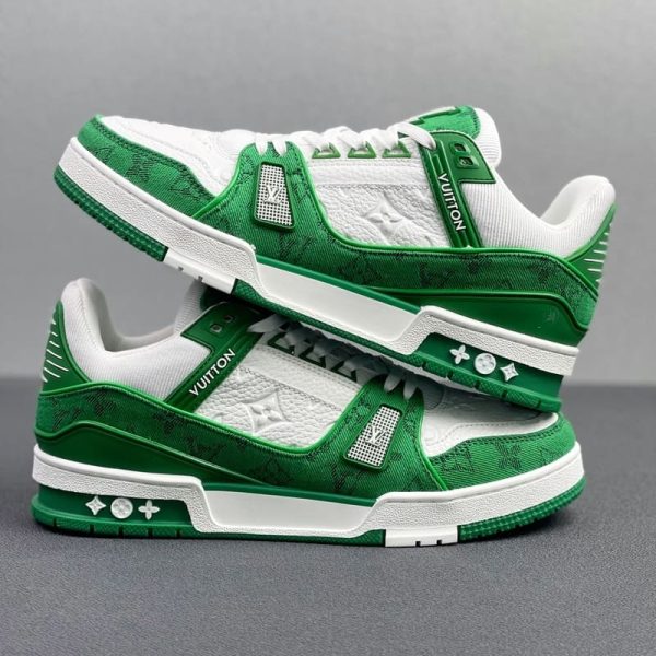 Louis Vuitton Trainer Green Monogram Denim White - Image 3